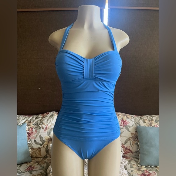 Tommy Bahama Ruched Halter-Top 4 Tummy Control Cobalt Blue One-Piece Swimsuit - Picture 2 of 9